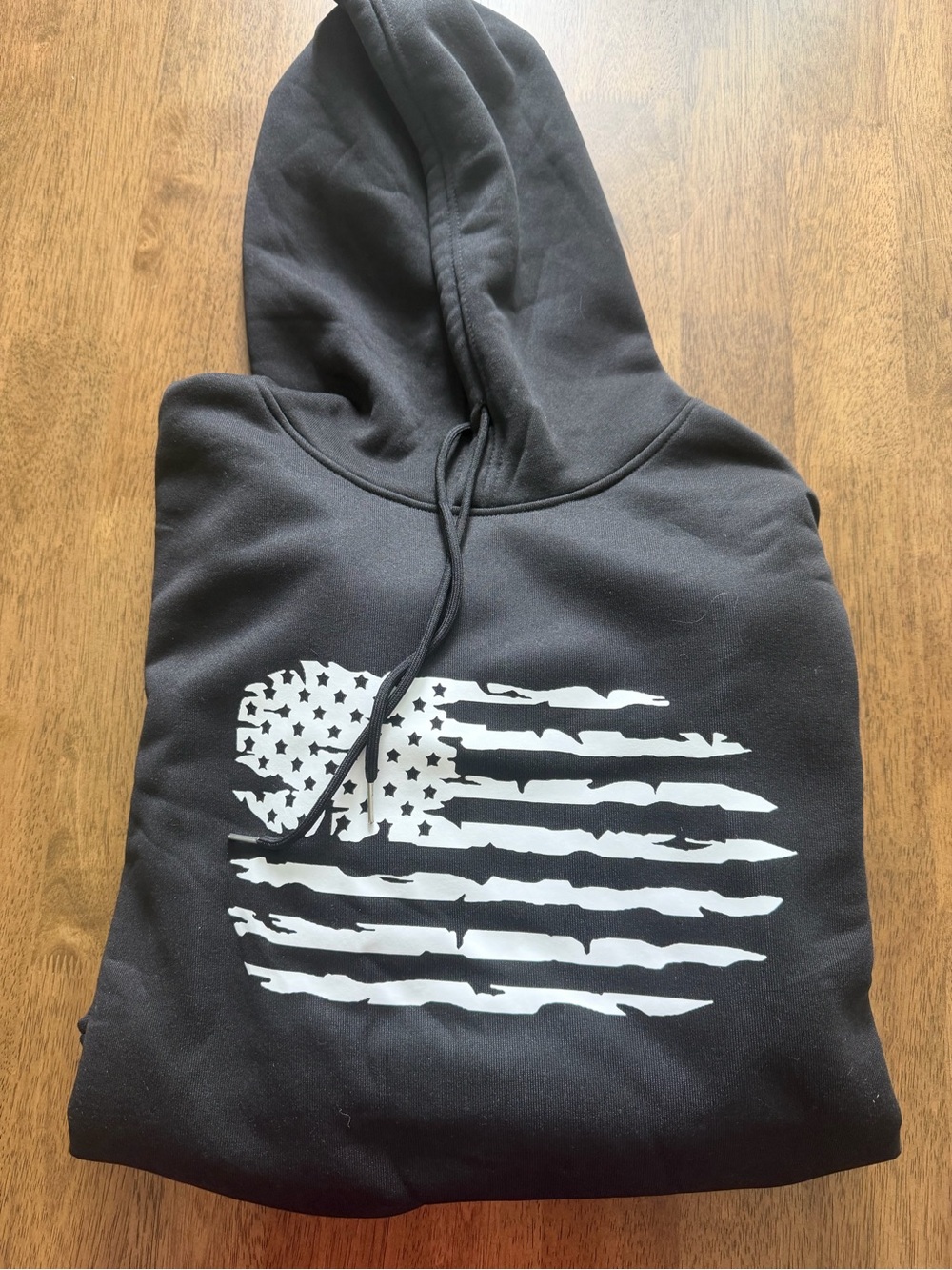 Black Hoodie with Distressed White American Flag Graphic